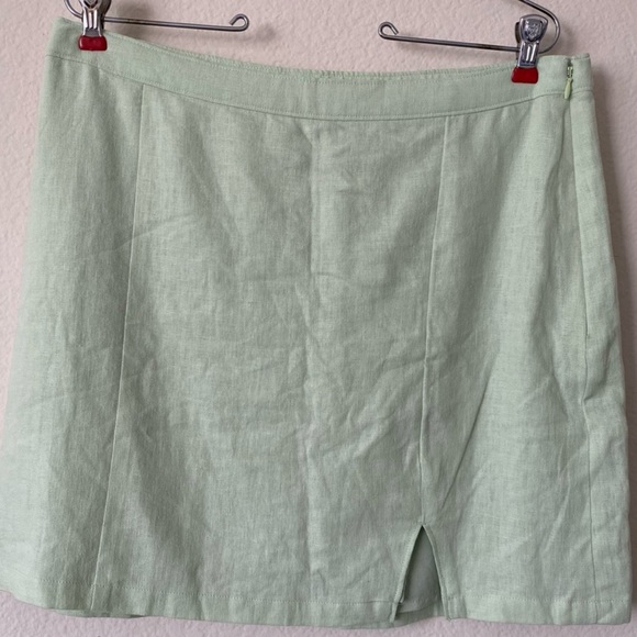 NWT Abercrombie & Fitch Linen Blend High Waist Slit Green A Line Mini Skirt - Picture 3 of 6